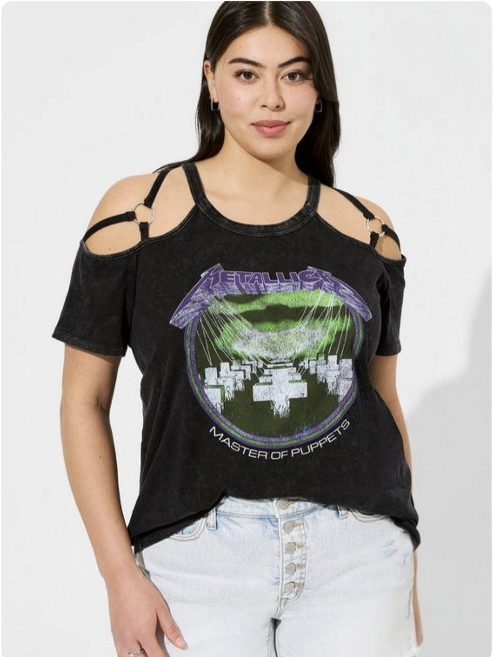 Torrid 6x Metallica Master of Puppets O-Ring Cold Shoulder Tee- Mineral Black